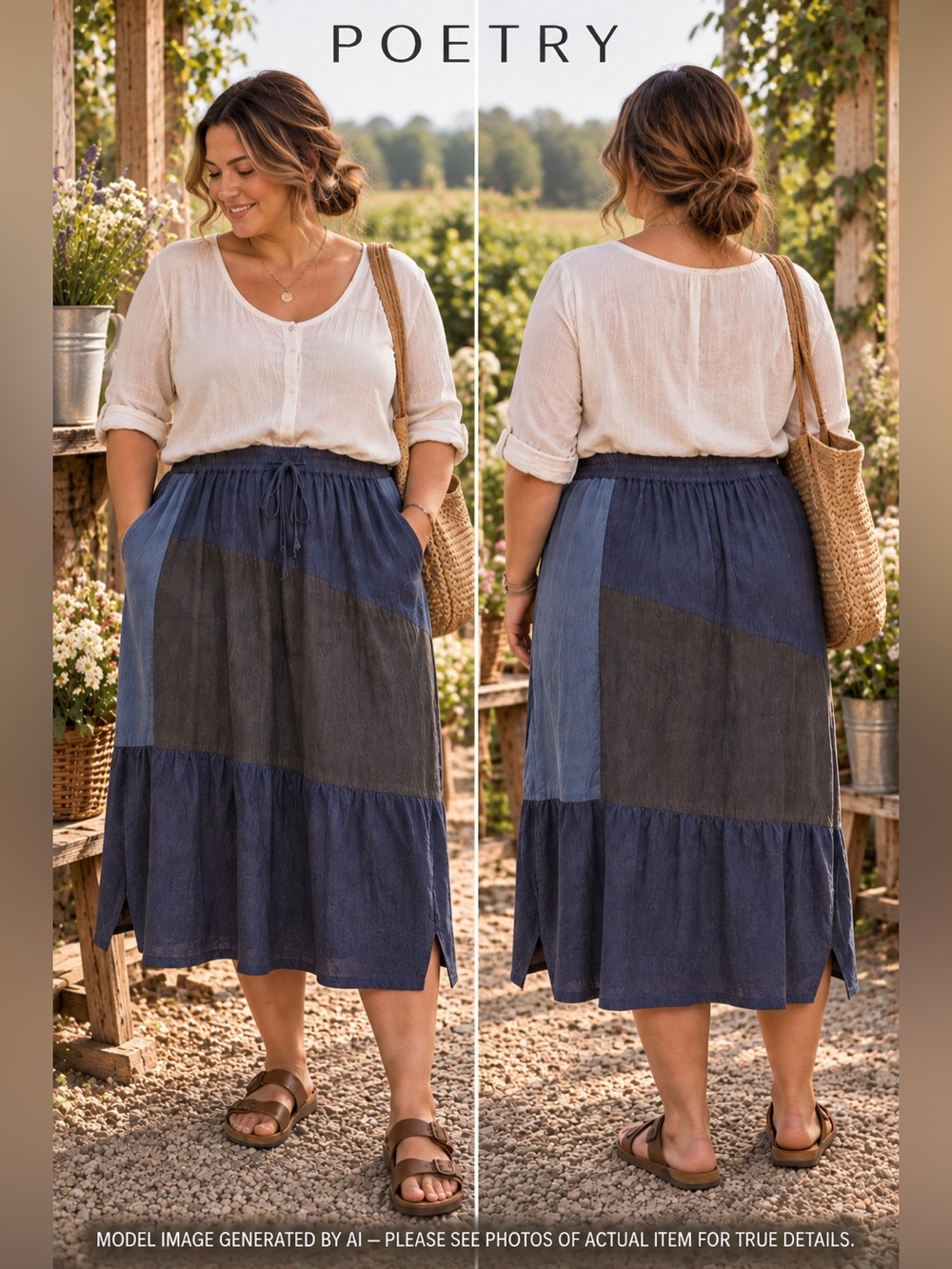 Poetry Linen Patchwork Maxi Skirt Boho Artsy Lagenlook Tie Waist Plus Size 18